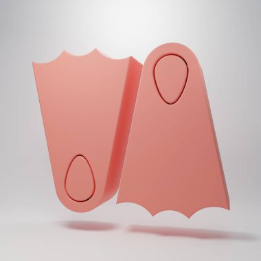 Pembe plastik yüzgeç, pembe arka planda izole edilmiş yüzme ikonu için. Dalış ekipmanları. Olağanüstü bir spor. Spor malzemeleri. Minimalizm kavramı. 3 Boyutlu resimleme.