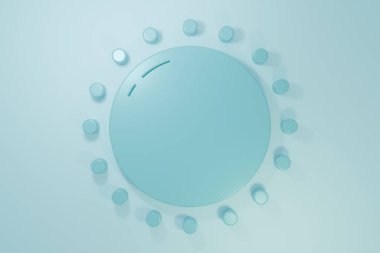 Mavi Güneş simgesi mavi arkaplanda izole edildi. Yaz sembolü. Güneşli bir gün. Minimalizm kavramı. 3 Boyutlu resimleme.