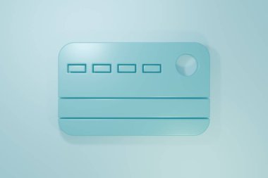 Mavi kredi kartı simgesi mavi arkaplanda izole edildi. Çevrimiçi ödeme. Nakit çekilmesi. Finansal operasyonlar. Alışveriş tabelası. Minimalizm kavramı. 3 Boyutlu resimleme.