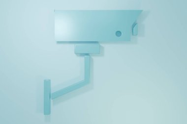 Mavi güvenlik kamerası simgesi mavi arkaplanda izole edildi. Minimalizm kavramı. 3 Boyutlu resimleme.