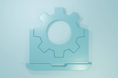 Mavi dizüstü bilgisayar ve vites simgesi mavi arkaplanda izole edildi. Uygulama ayarlanıyor, seçenekler ayarlanıyor, bakım, onarım, onarım. Minimalizm kavramı. 3 Boyutlu resimleme.