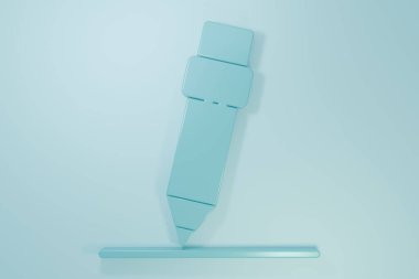 Mavi arka planda silgi simgesine sahip mavi kalem. Çizim ve eğitim araçları. Okul sembolü. Minimalizm kavramı. 3 Boyutlu resimleme.