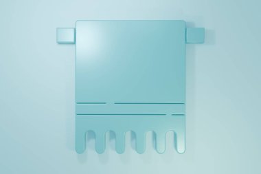 Mavi arka planda izole edilmiş bir askı simgesi üzerinde Mavi Havlu. Banyo havlusu ikonu. Minimalizm kavramı. 3 Boyutlu resimleme.