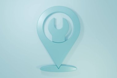 Mavi arka planda İngiliz anahtarı simgesi olan mavi konum. Ayarlama, servis, ayar, bakım, onarım, onarım. Minimalizm kavramı. 3 Boyutlu resimleme.