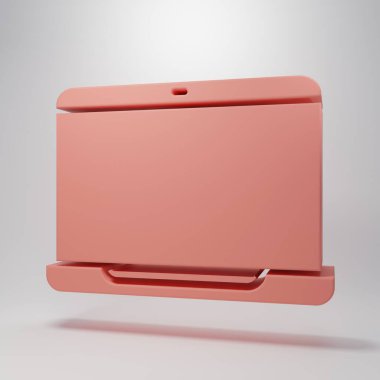 Pembe dizüstü bilgisayar simgesi pembe arkaplanda izole edilmiş. Boş ekran işaretli bilgisayar defteri. Minimalizm kavramı. 3 Boyutlu resimleme.