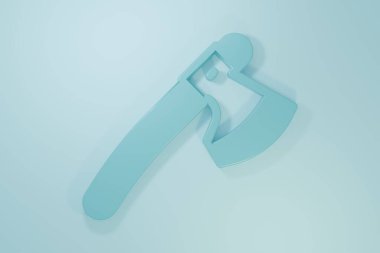 Mavi ahşap balta simgesi mavi arkaplanda izole edildi. Oduncu baltası. Minimalizm kavramı. 3 Boyutlu resimleme.