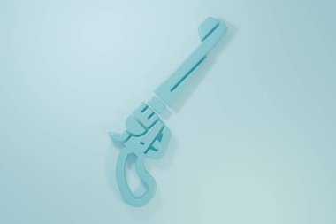 Mavi Revolver silah ikonu mavi arkaplanda izole edildi. Minimalizm kavramı. 3 Boyutlu resimleme.