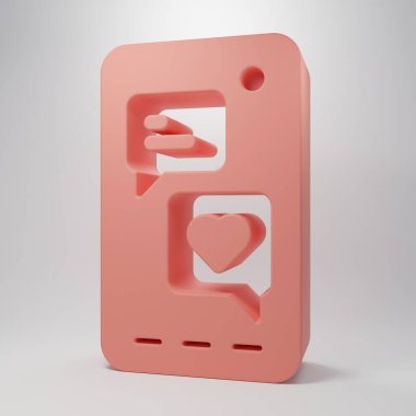 Kalp emojisi konuşma balonlu pembe akıllı telefon pembe arkaplanda izole edilmiş ekran simgesine mesaj gönder. Sevgililer Günü. Minimalizm kavramı. 3 Boyutlu resimleme.