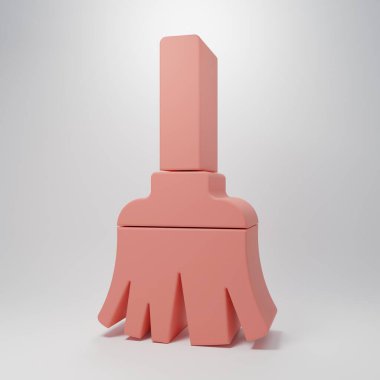 Pembe Tüy süpürgesi. Pembe arka planda izole edilmiş temizlik simgesi. Tüy fırçası. Minimalizm kavramı. 3 Boyutlu resimleme.