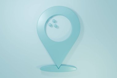 Mavi arka planda izole edilmiş bowling topu simgesi olan mavi harita işaretçisi. Spor malzemeleri. Minimalizm kavramı. 3 Boyutlu resimleme.
