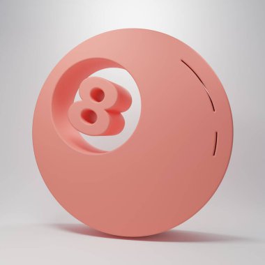 Pembe bilardo bilardo topu. Pembe arka planda 8 numaralı ikon var. Minimalizm kavramı. 3 Boyutlu resimleme.