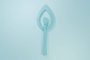 Mavi yanan kibrit, mavi arkaplanda izole edilmiş ateş ikonu. Ateşle maç. Kibrit işareti. Minimalizm kavramı. 3 Boyutlu resimleme.