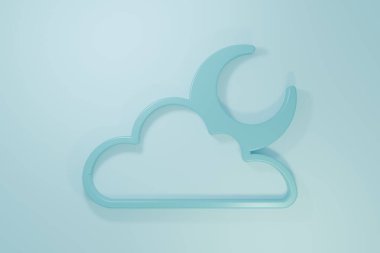 Mavi arkaplanda ay simgesi olan Mavi Bulut. Bulutlu gece işareti. Uyku rüyalarının sembolü. Gece ya da yatak zamanı tabelası. Minimalizm kavramı. 3 Boyutlu resimleme .