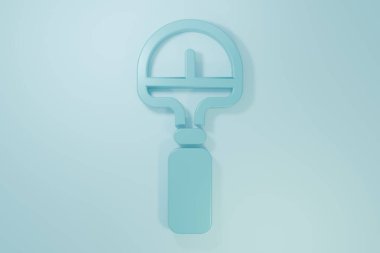 Mavi Kürek simgesi mavi arkaplanda izole edildi. Bahçe aletleri. Bahçecilik, tarım, çiftçilik aleti. Minimalizm kavramı. 3 Boyutlu resimleme .