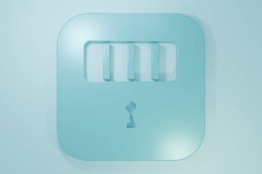 Mavi hapishane hücresinin mavi arka planında ızgara pencere simgesi olan kapısı. Minimalizm kavramı. 3 Boyutlu resimleme.