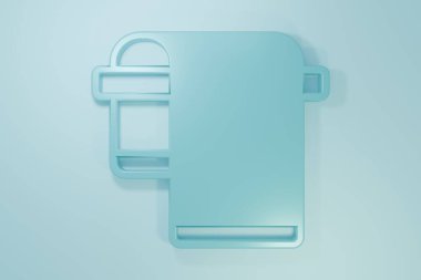 Mavi arka planda askı simgesinde mavi havlu var. Banyo havlusu ikonu. Minimalizm kavramı. 3 Boyutlu resimleme.