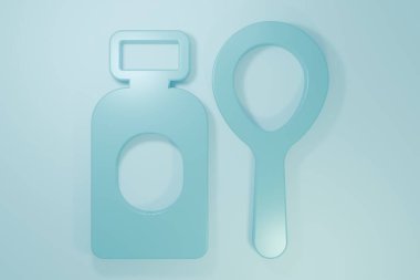 Mavi Sabun köpüklü şişe ikonu mavi arka planda izole edilmiş. Köpüren sabun çubuğu şişesi. Minimalizm kavramı. 3 Boyutlu resimleme.