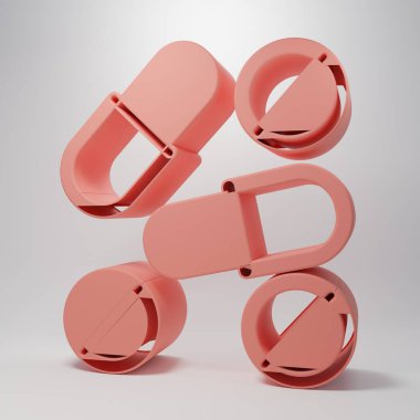 Pembe ilaç hapı ya da pembe arka planda izole edilmiş tablet ikonu. Kapsül hapı ve uyuşturucu işareti. Eczane tasarımı. Minimalizm kavramı. 3 Boyutlu resimleme.