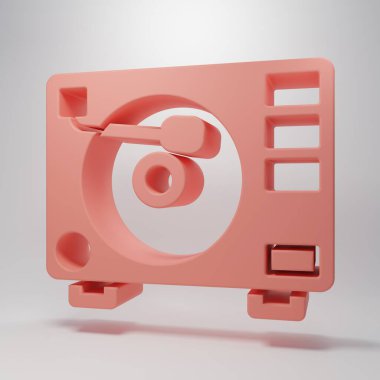 Pembe arka planda izole edilmiş vinil disk simgesi olan Pembe Vinil oynatıcı. Minimalizm kavramı. 3 Boyutlu resimleme.