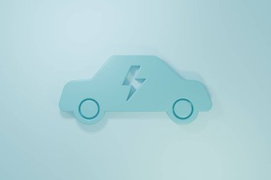 Mavi elektrikli araba ve elektrik kablosu şarj ikonu mavi arka planda izole edildi. Yenilenebilir ekolojik teknolojiler. Minimalizm kavramı. 3 Boyutlu resimleme.