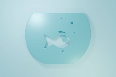 Mavi arka planda balık ikonu olan mavi akvaryum. Yuvarlak cam akvaryum. Ev ve evcil hayvanlar için akvaryum. Minimalizm kavramı. 3 Boyutlu resimleme.