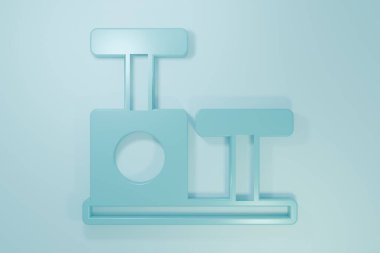 Mavi Kedi, mavi arka planda izole edilmiş oyuncak ikonu olan bir tırmalama direği. Minimalizm kavramı. 3 Boyutlu resimleme.