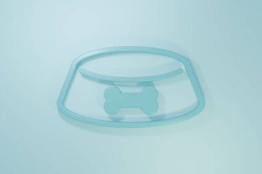 Mavi arka planda izole edilmiş kedi ya da köpek ikonu için mavi evcil hayvan yemek kasesi. Köpek ya da kedi pençesi izi. Minimalizm kavramı. 3 Boyutlu resimleme.