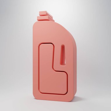 Pembe arka planda izole edilmiş lavabo açıcı ikonu olan pembe bir kap. Plastik şişedeki deterjan. Minimalizm kavramı. 3 Boyutlu resimleme.