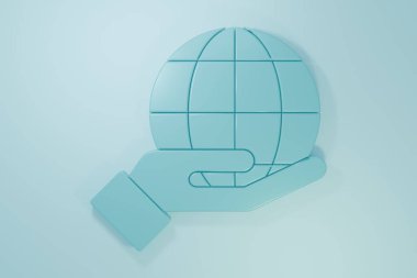 Mavi insan eli, mavi arkaplanda Dünya 'nın ikonunu tutuyor. Dünya kavramını sakla. Minimalizm kavramı. 3 Boyutlu resimleme.