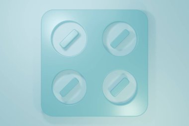 Mavi arka planda mavi haplar izole edilmiş. İlaç paketi. Tablet, vitamin, antibiyotik, aspirin. Minimalizm kavramı. 3 Boyutlu resimleme.