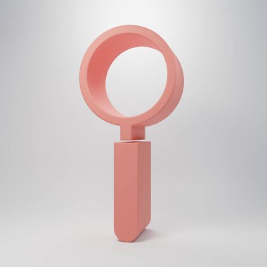 Pembe büyüteç ikonu pembe arka planda izole edilmiş. Arama, odaklanma, yakınlaştırma, iş sembolü. Minimalizm kavramı. 3 Boyutlu resimleme.