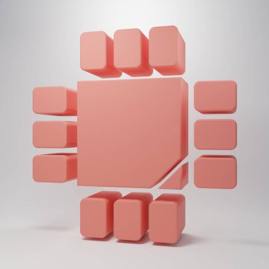 Pembe arka planda mikro devre işlemci simgesi olan pembe bilgisayar işlemcisi. Devre kartlı çip ya da işlemci. Mikro işlemci. Minimalizm kavramı. 3 Boyutlu resimleme.