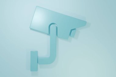 Mavi güvenlik kamerası simgesi mavi arkaplanda izole edildi. Minimalizm kavramı. 3 Boyutlu resimleme.