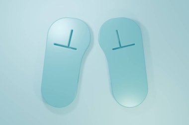 Mavi Terlik simgesi mavi arkaplanda izole edildi. Parmak arası terlik işareti. Minimalizm kavramı. 3 Boyutlu resimleme.