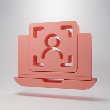 Pembe dizüstü bilgisayarda pembe arka planda yüz tanıma simgesi var. Yüz tanımlama simgesi. Yüz tanıma. Siber güvenlik kavramı. Minimalizm kavramı. 3 Boyutlu resimleme.