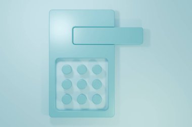 Mavi arka planda izole edilmiş ikonu açmak için kablosuz teknolojiye sahip mavi dijital kapı kilidi. Kapı kolu tabelası. Güvenlik akıllı ev. Minimalizm kavramı. 3 Boyutlu resimleme.