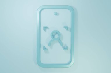 Mavi cep telefonu ve yüz tanıma simgesi mavi arkaplanda izole edildi. Yüz tanımlama simgesi. Yüz tanıma. Siber güvenlik. Minimalizm kavramı. 3 Boyutlu resimleme.