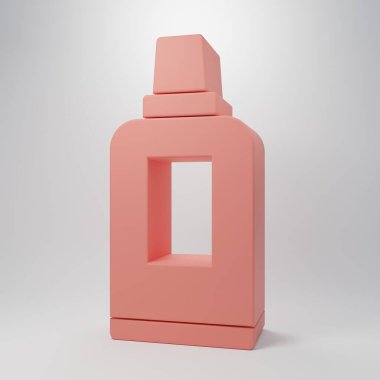 Çamaşır deterjanı, çamaşır suyu, bulaşık deterjanı ya da pembe arka planda izole edilmiş başka bir temizlik malzemesi ikonu için pembe plastik şişe. Minimalizm kavramı. 3 Boyutlu resimleme.