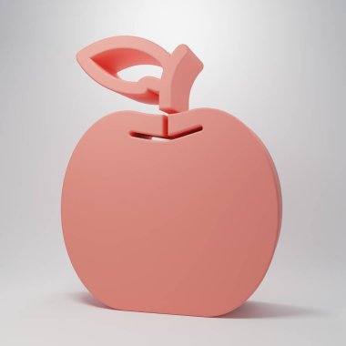 Pembe Apple simgesi pembe arka planda izole edilmiş. Yaprak sembollü meyve. Minimalizm kavramı. 3 Boyutlu resimleme.