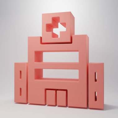 Pembe hastane binasında pembe arka planda çapraz ikon var. Tıp merkezi. Sağlık hizmetleri. Minimalizm kavramı. 3 Boyutlu resimleme.
