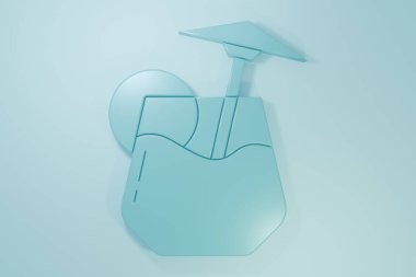 Mavi Kokteyl ve alkol içeceği. Mavi arka planda şemsiye simgesi var. Minimalizm kavramı. 3 Boyutlu resimleme.