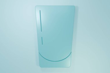 Mavi arka planda su ikonu olan mavi cam. Soda bardağı. Minimalizm kavramı. 3 Boyutlu resimleme.