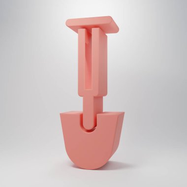 Pembe kürek simgesi pembe arkaplanda izole edilmiş. Bahçe aletleri. Bahçecilik, tarım, çiftçilik aleti. Minimalizm kavramı. 3 Boyutlu resimleme.
