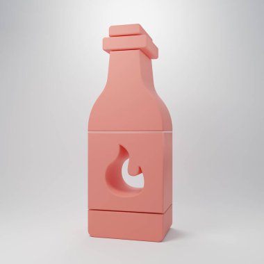 Pembe Tabasco sosu ikonu pembe arka planda izole edilmiş. Kırmızı biberli baharatlı biber sosu. Minimalizm kavramı. 3 Boyutlu resimleme.