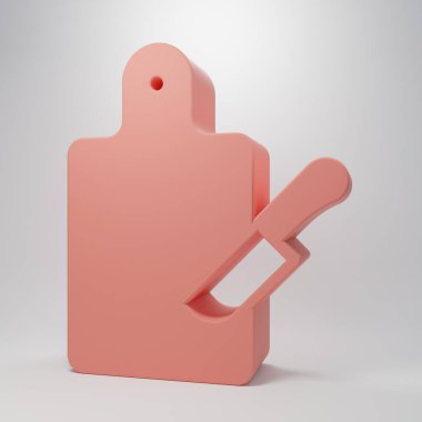Pembe kesme tahtası ve bıçak ikonu pembe arka planda izole edilmiş. Kesme tahtası sembolü. Çatal bıçak sembolü. Minimalizm kavramı. 3 Boyutlu resimleme .