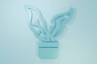 Mavi arkaplanda tencere simgesinde mavi bitki var. Tencerede yetişen bir bitki. Saksı bitkisi işareti. Minimalizm kavramı. 3 Boyutlu resimleme .