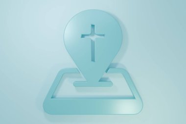 Mavi Harita, mavi arka planda izole edilmiş kilise ikonu. Hıristiyan Kilisesi. Kilisenin dini. Minimalizm kavramı. 3 Boyutlu resimleme.