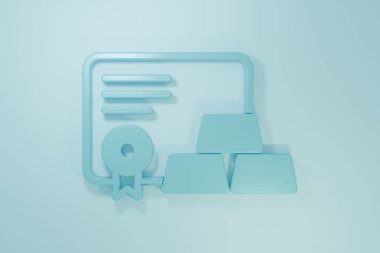 Mavi arkaplanda sertifika simgesi olan mavi altın çubuklar. Bankacılık işi konsepti. Minimalizm kavramı. 3 Boyutlu resimleme.