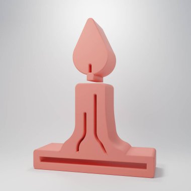 Pembe arka planda izole edilmiş şamdan ikonunda pembe yanan mum. Silindirik mum çubuğu ve yanan ateş. Minimalizm kavramı. 3 Boyutlu resimleme.