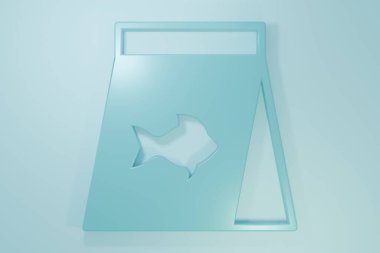 Mavi arka planda izole edilmiş balık ikonu için mavi yiyecek. Minimalizm kavramı. 3 Boyutlu resimleme.
